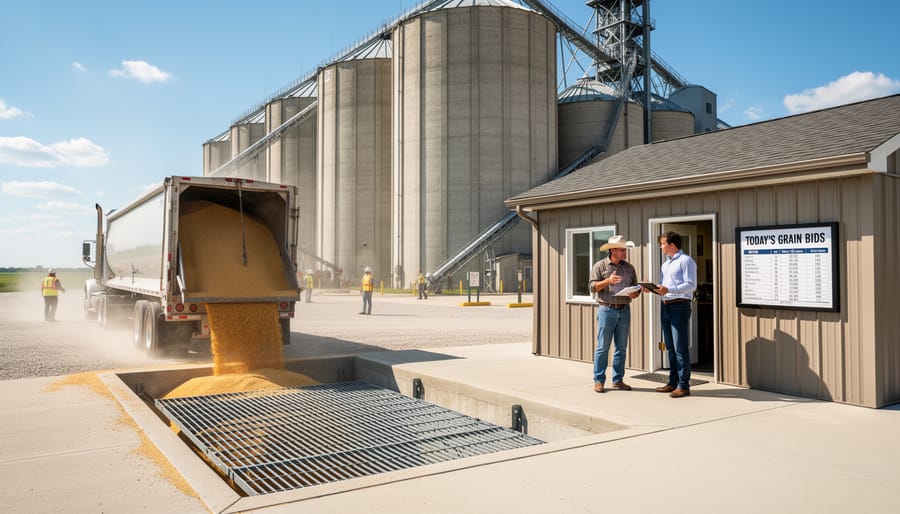 Grain elevator receiving area with unloading equipment and falling grain in the yard.