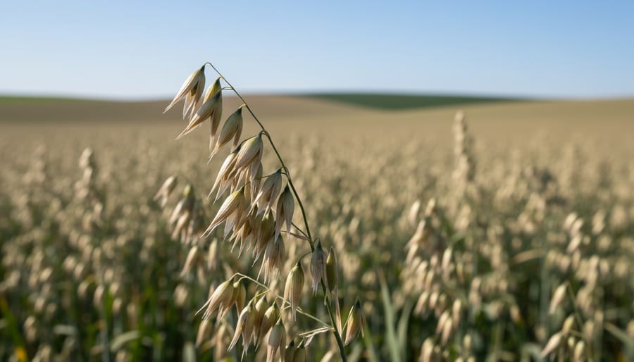 Close-up of oat heads growing on a Manitoba prairie field.