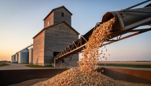 Golden oat kernels falling from a grain elevator conveyor in the Manitoba prairie at dusk, with silos and grain bins blurred in the background.
