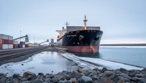 Bulk cargo ship docked at the Port of Churchill on Hudson Bay with grain cargo and cool Arctic tundra in the background.