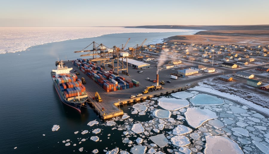Wide view of the Port of Churchill dock with a cargo ship near the shoreline and icy Hudson Bay in the background.