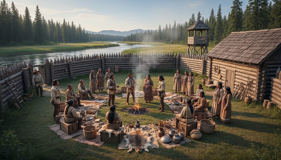Indigenous visitors standing respectfully near Prince of Wales Fort with woven item in foreground