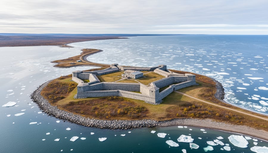 Wide aerial view of Prince of Wales Fort in the Churchill, Manitoba landscape